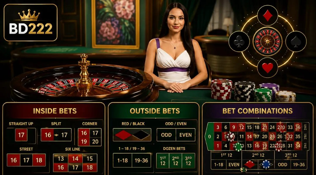 BD222-এ Roulette বাজির জন্য বিভিন্ন ধরণের অপশন বা মার্কেট রয়েছে।